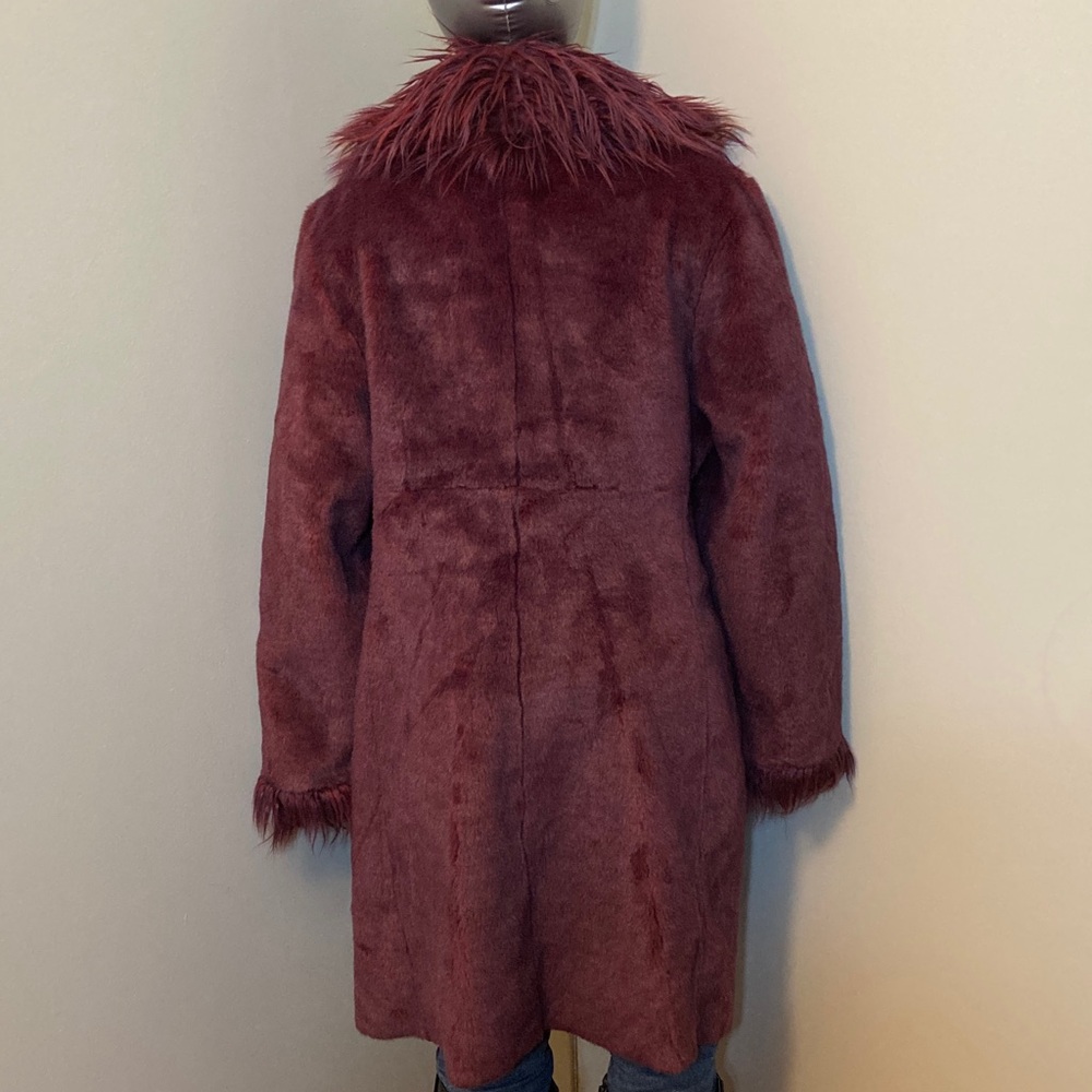 Long Reversible Teddy Coat in Burgundy with Faux Fur Trim - Picture 4 of 14